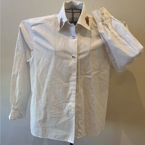 Foxcroft Women's Long Sleeve Button-Up Top Embroidery Harvest Fall White Sz 6